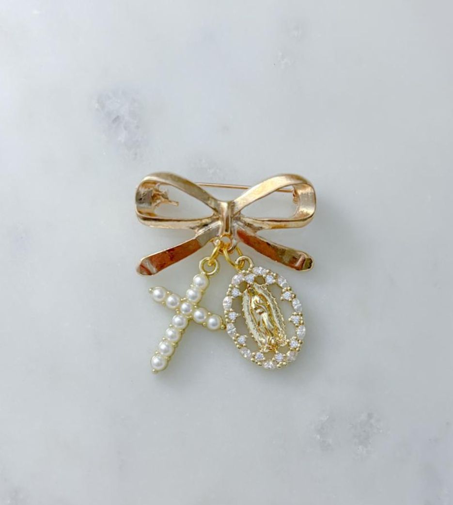 Immaculate Mary with Pearl Cross Bow Pin
