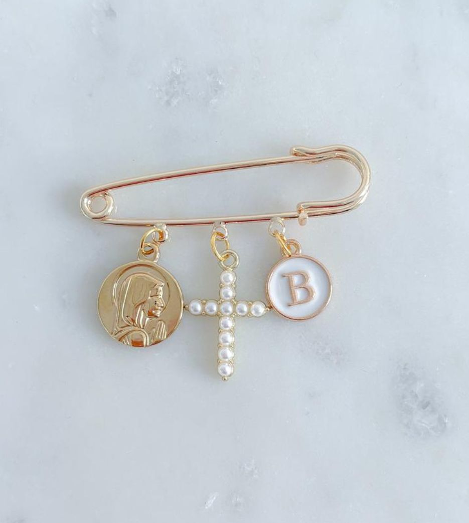 Pearl Cross Mary Pin with Initial
