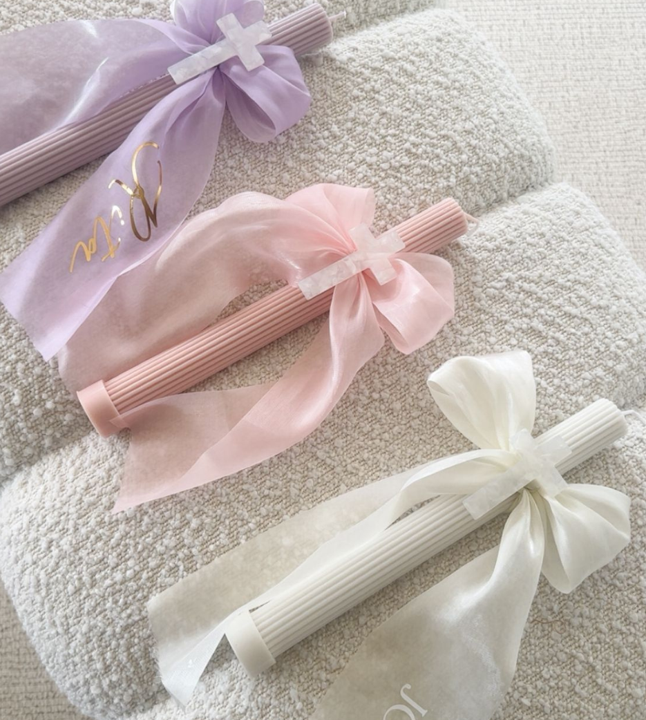 Ribbed Candles with Chiffon Bow and Marble Cross