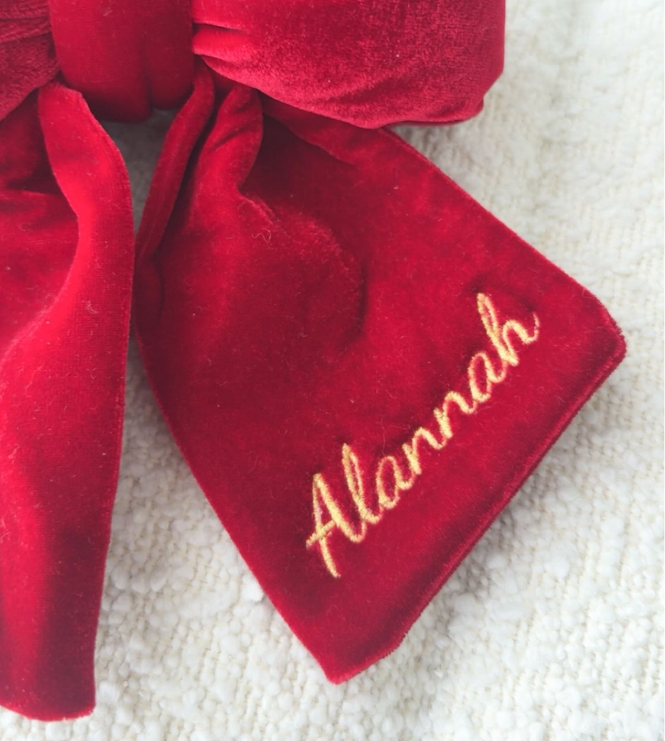 Embroidered Red Plush Velvet Bow