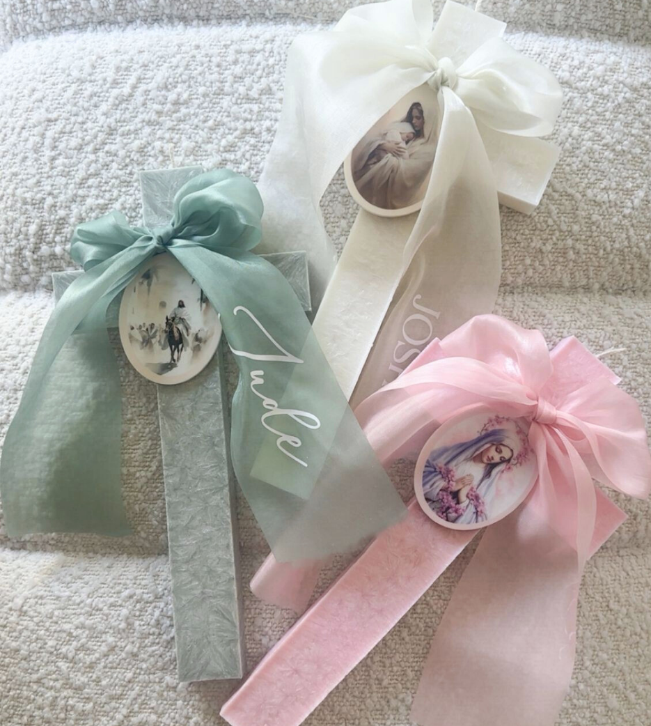 Textured Wax Cross Candle with Chiffon Bow