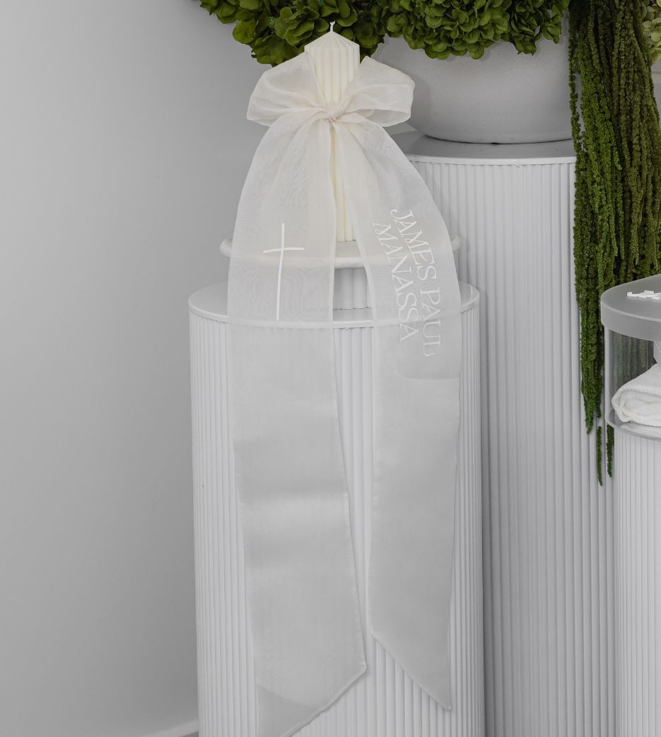 Ribbed Organza Bow Christening Candle