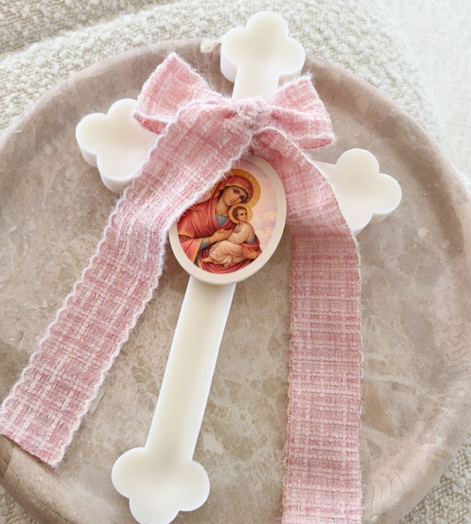 Ivory Orthodox Cross Candle with Tweed Bow