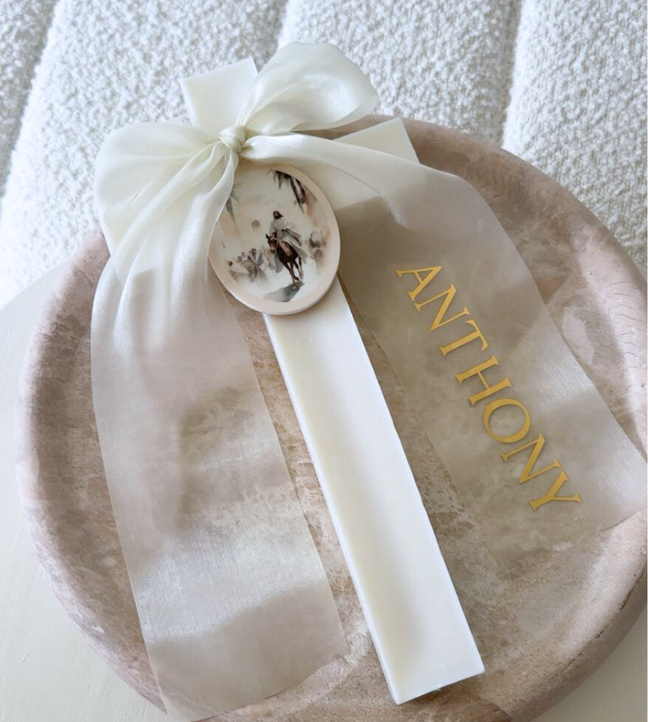 Ivory Cross Candle with Chiffon Bow