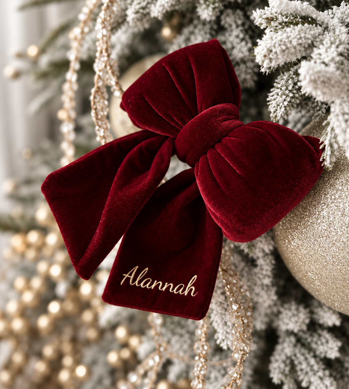 Embroidered Deep Red Plush Velvet Bow