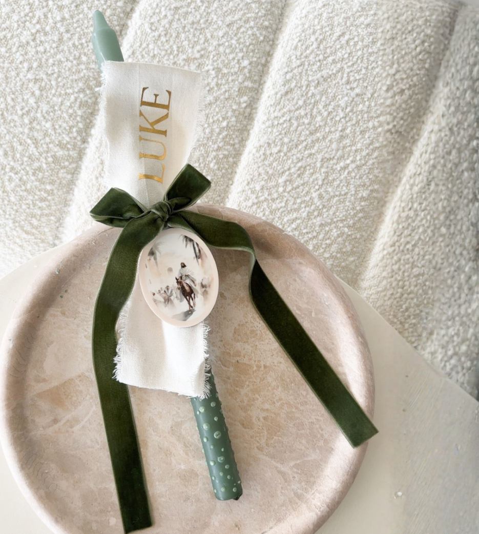 Green Speckled 40cm Candle with Linen/Velvet Ribbon