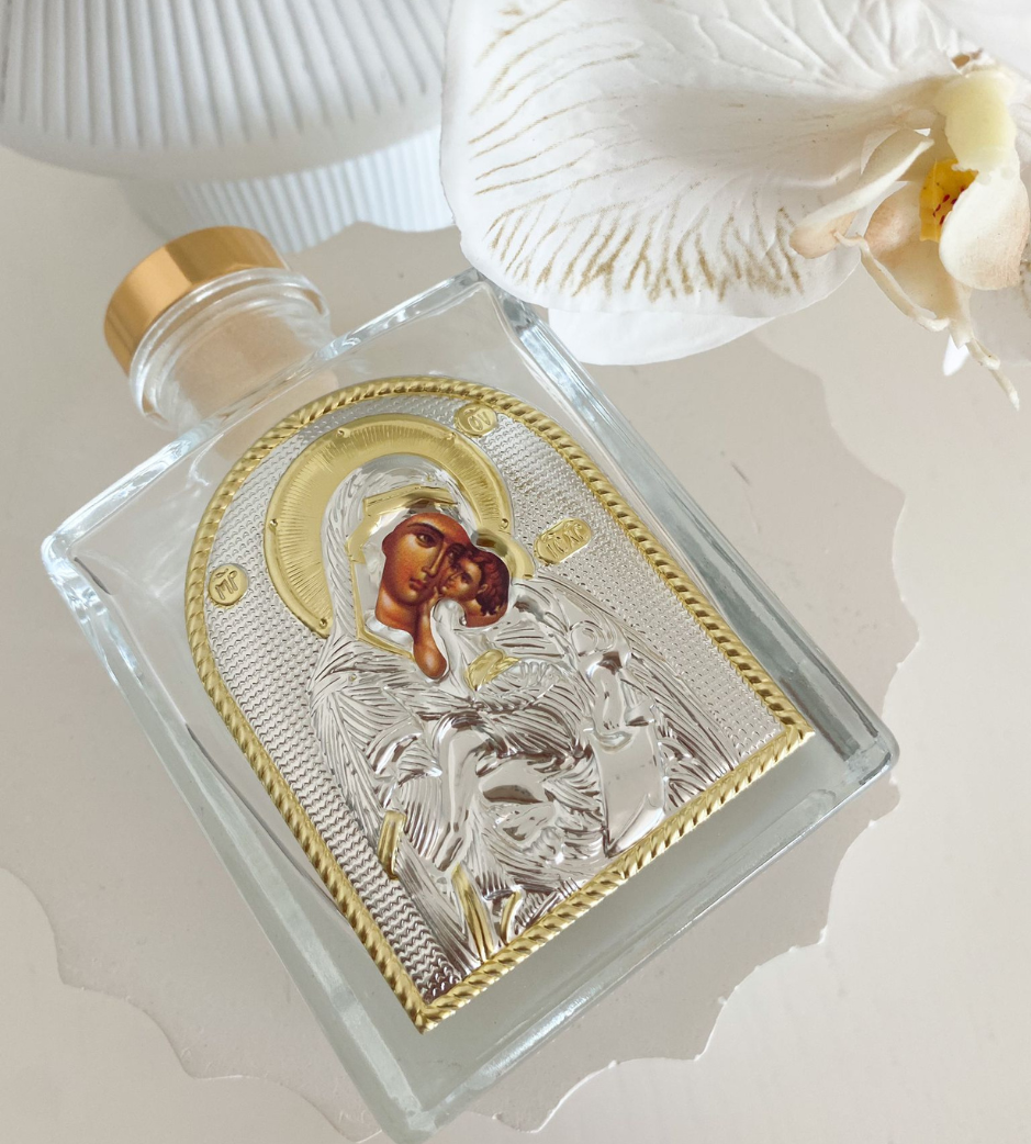 Gold Orthodox Holy Mother Mary & Jesus Glass Bottle