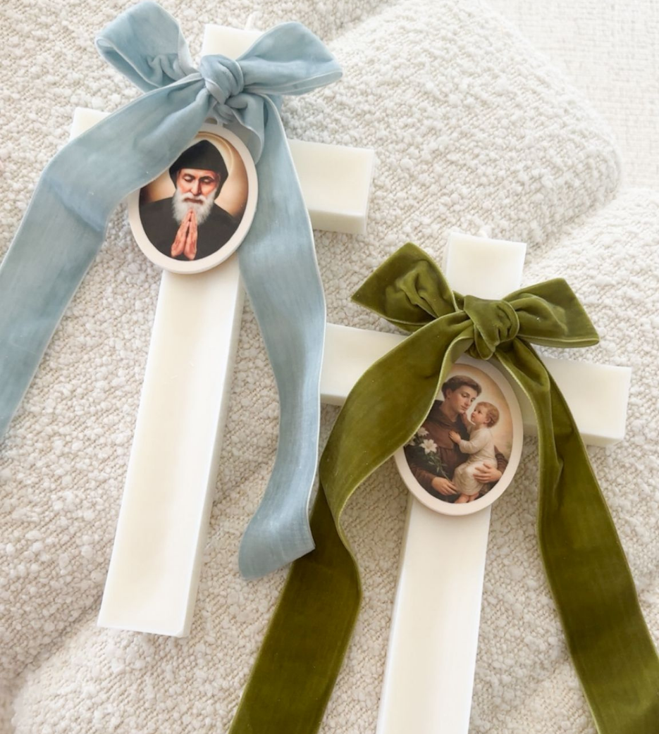 Ivory Velvet Bow Cross Candles