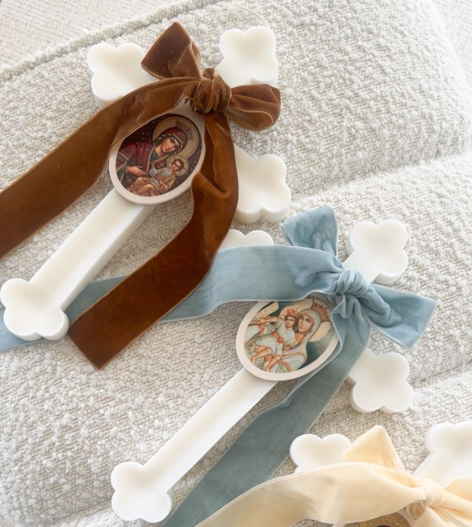 Ivory Orthodox Cross Candles with Velvet Bow
