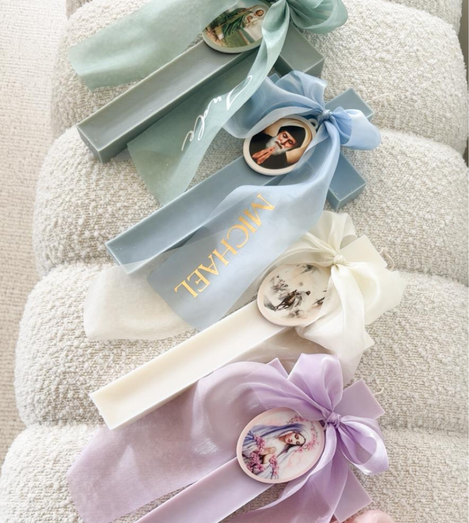 Blue Cross Candle with Chiffon Bow