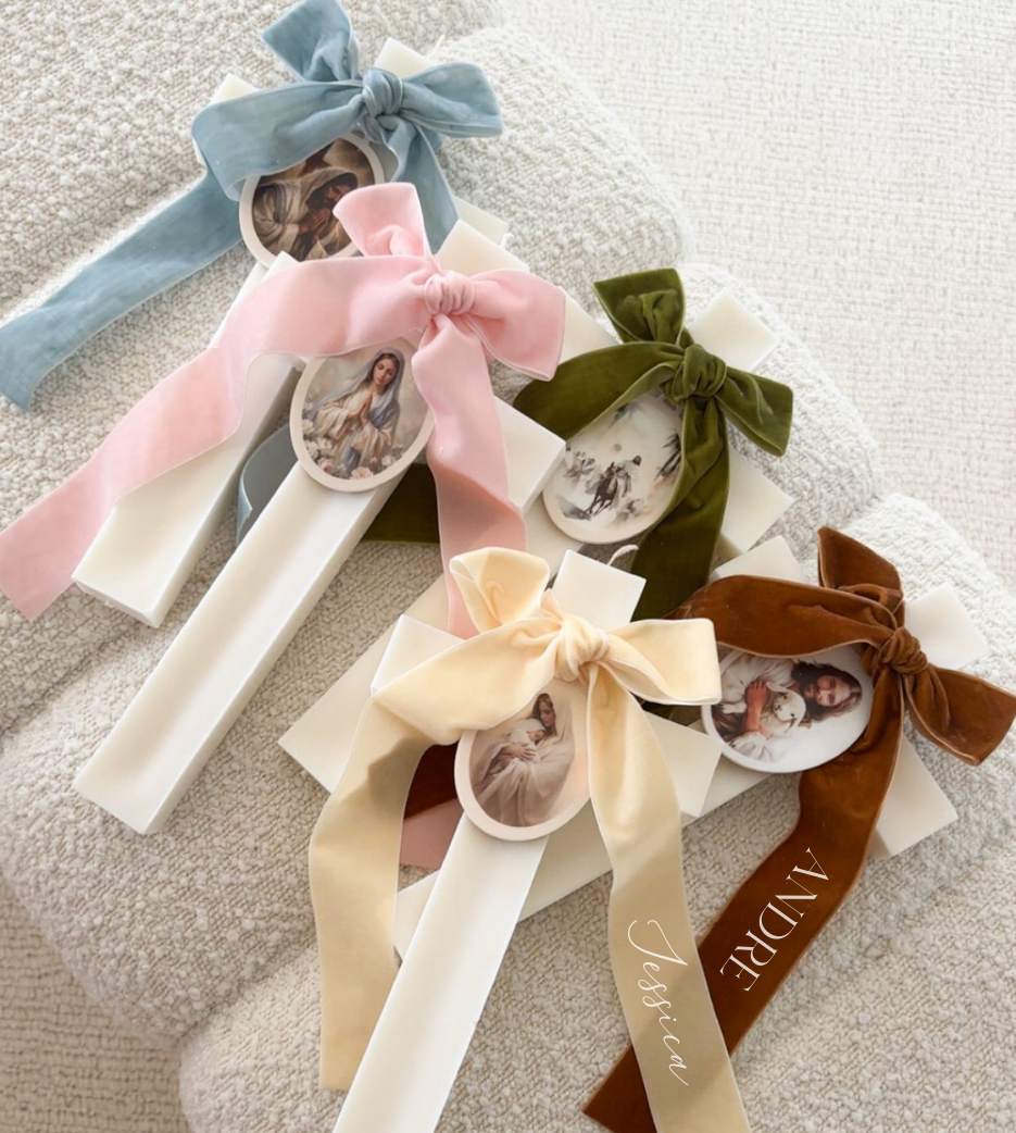 Ivory Velvet Bow Cross Candles