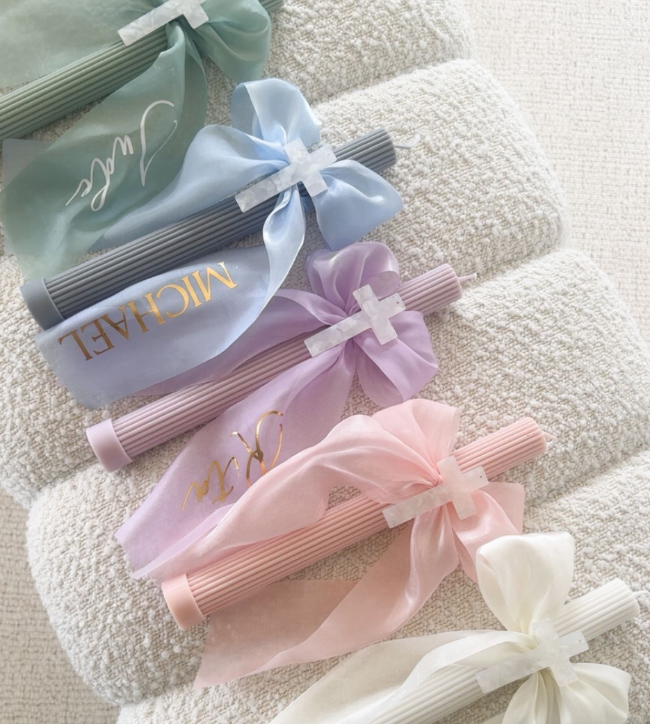 Ribbed Candles with Chiffon Bow and Marble Cross