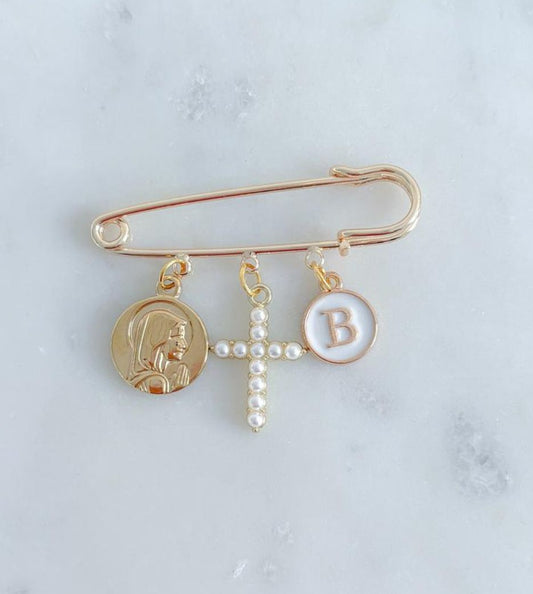 Pearl Cross Mary Pin with Initial