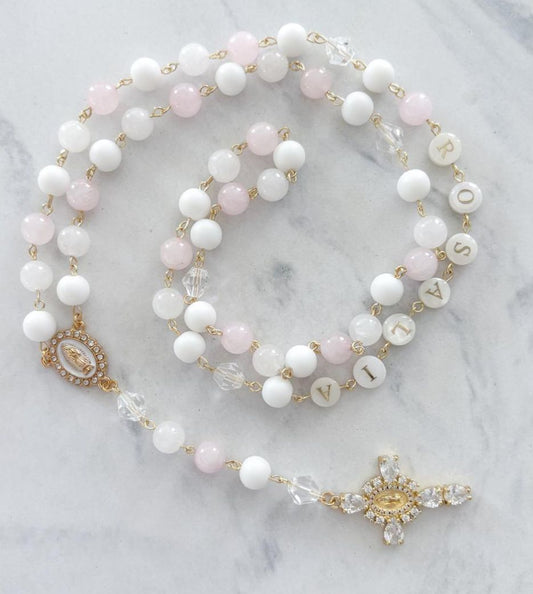 Pink 3 tone Rosary with Crystal Cross