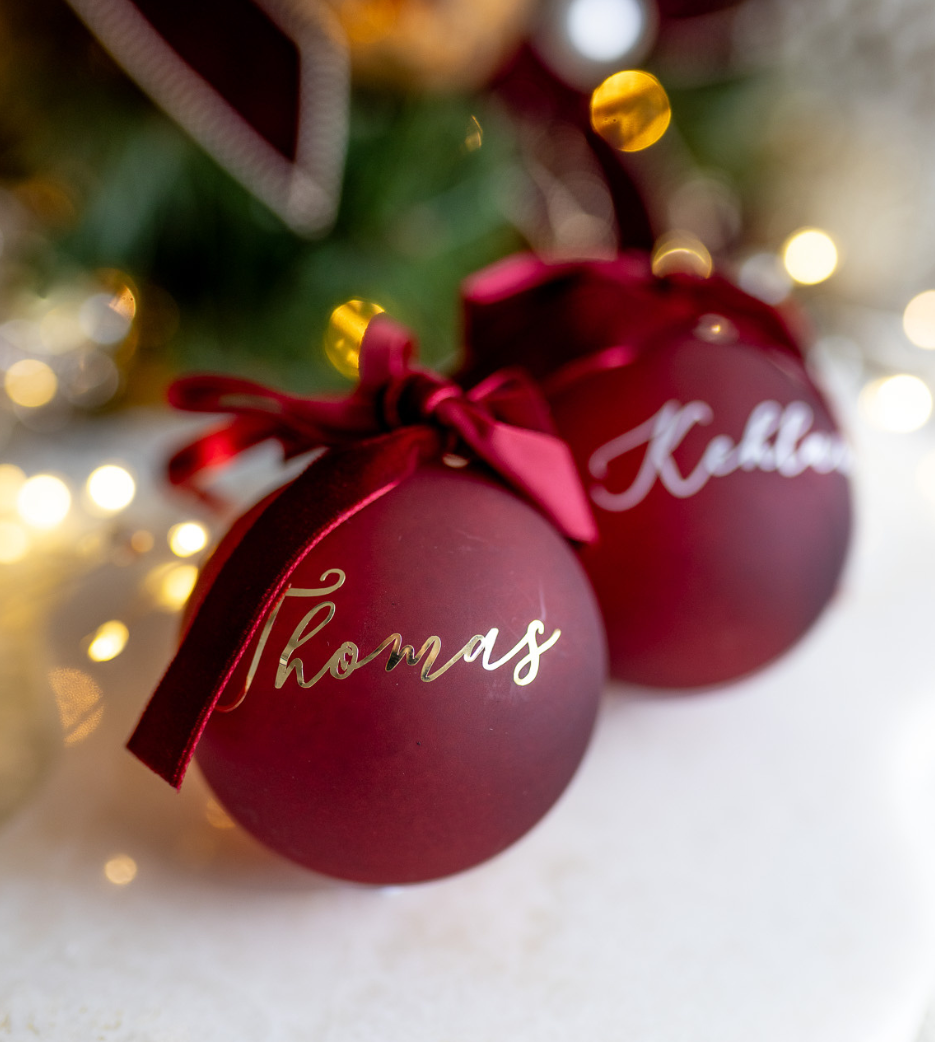 Personalised Velvet Bow Glass Baubles