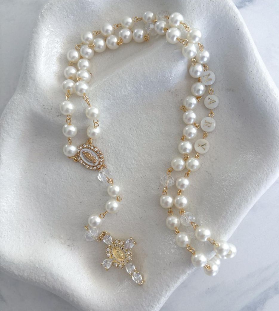 Pearl Personalised Rosary with Crystal Cross