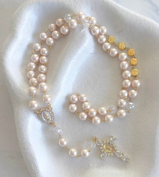 Pink Pearl Personalised Rosary with Crystal Cross