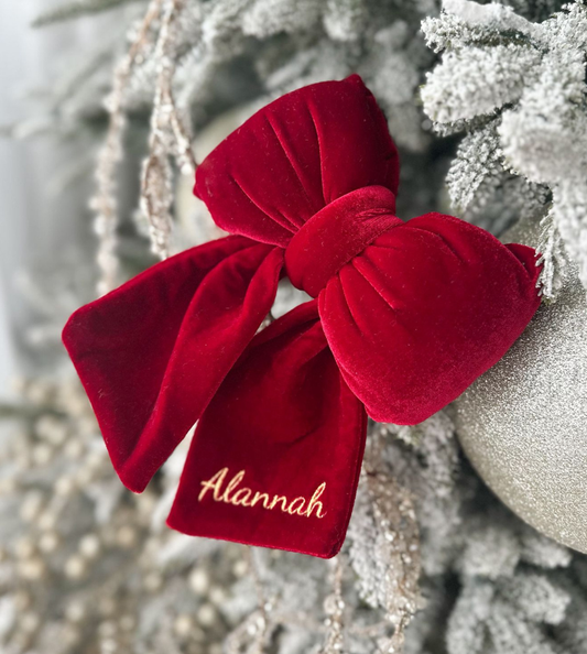 Embroidered  Red Plush Velvet Bow