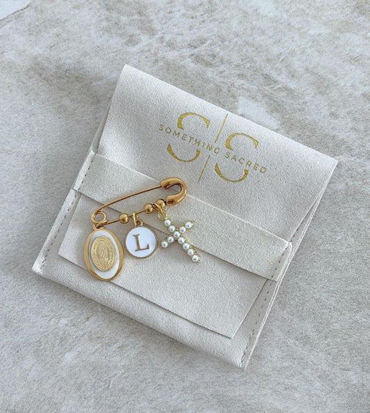 Immaculate Medal Pin with Rosary Cross and Initial