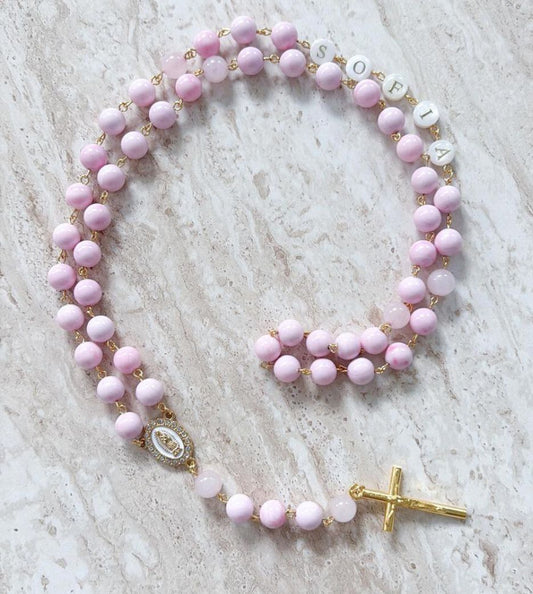Pink Marbled Personalised Rosary Beads