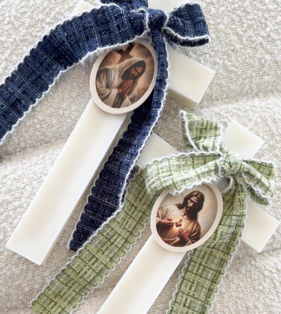 Ivory Cross Candle with Tweed Bow