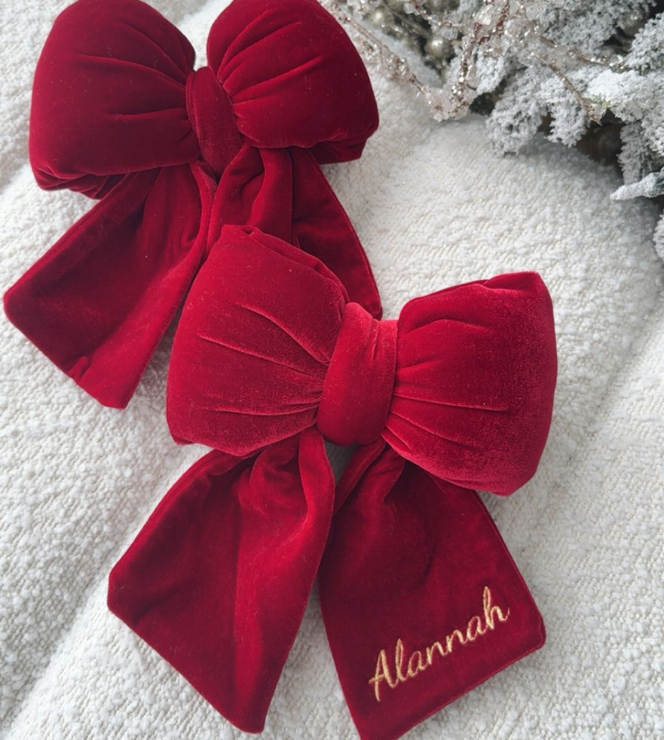 Embroidered  Red Plush Velvet Bow