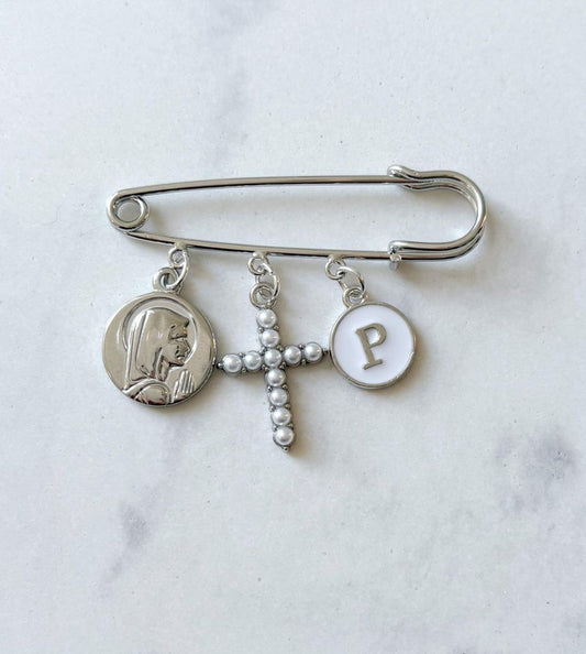 Pearl Cross Mary Initial Pin (Silver)