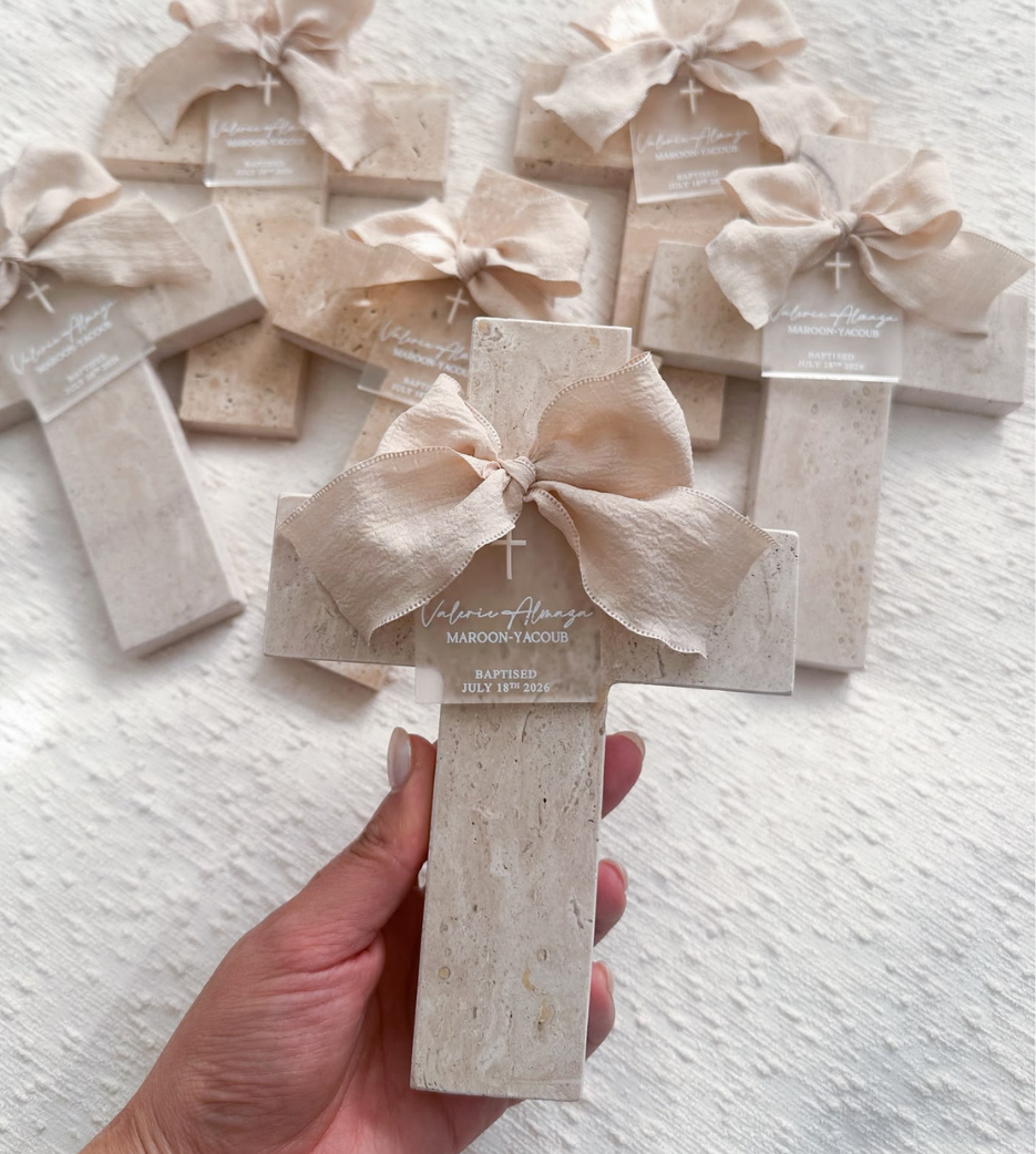 Travertine Cross with Acrylic Tag (2 sizes)