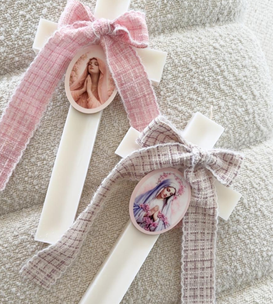 Ivory Cross Candle with Tweed Bow