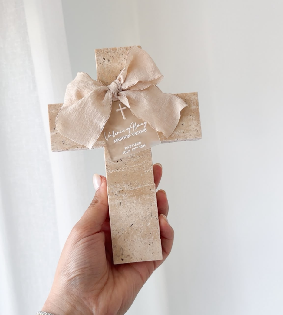Travertine Cross with Acrylic Tag (2 sizes)
