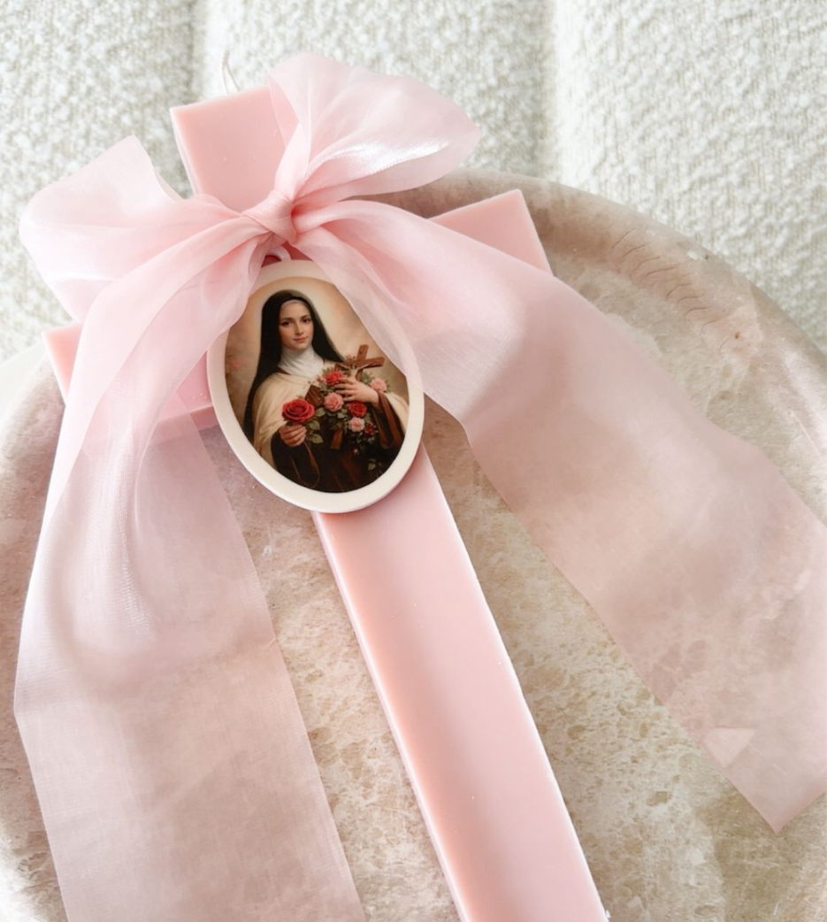 Pink Cross Candle with Chiffon Bow
