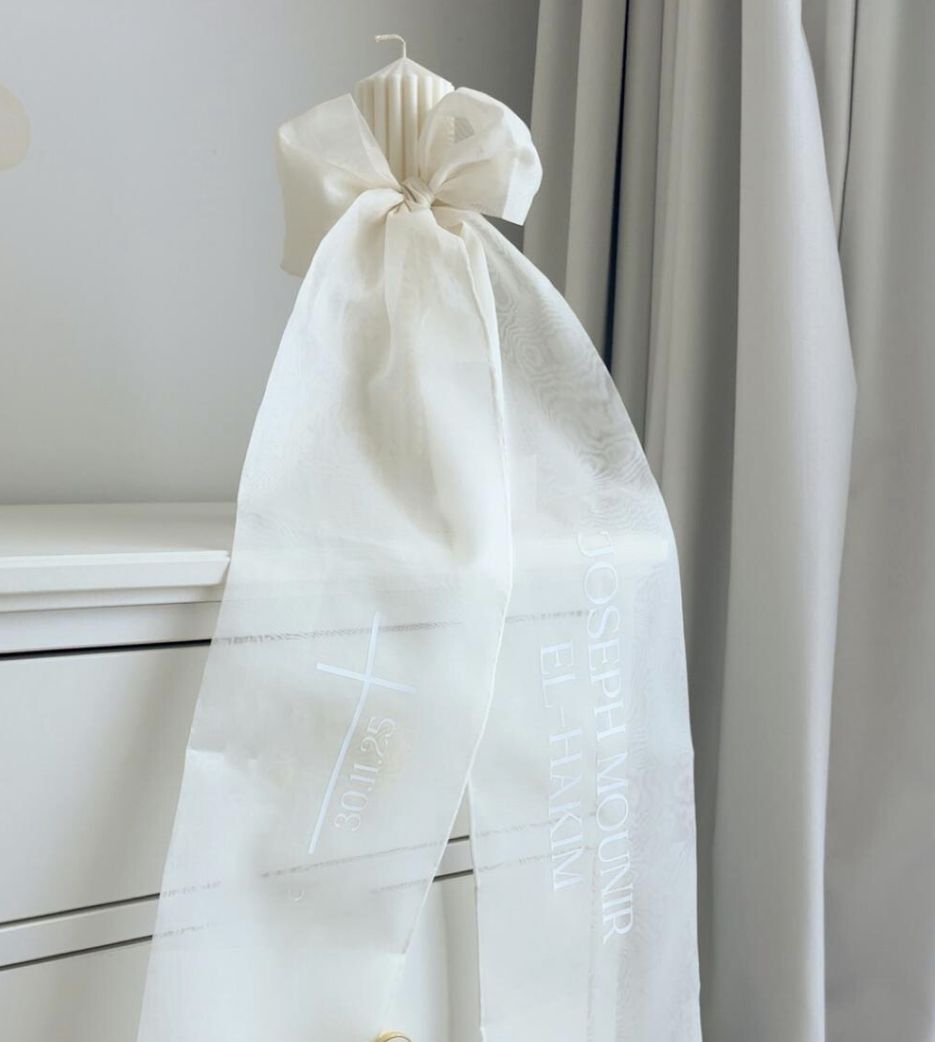 Ribbed Organza Bow Christening Candle