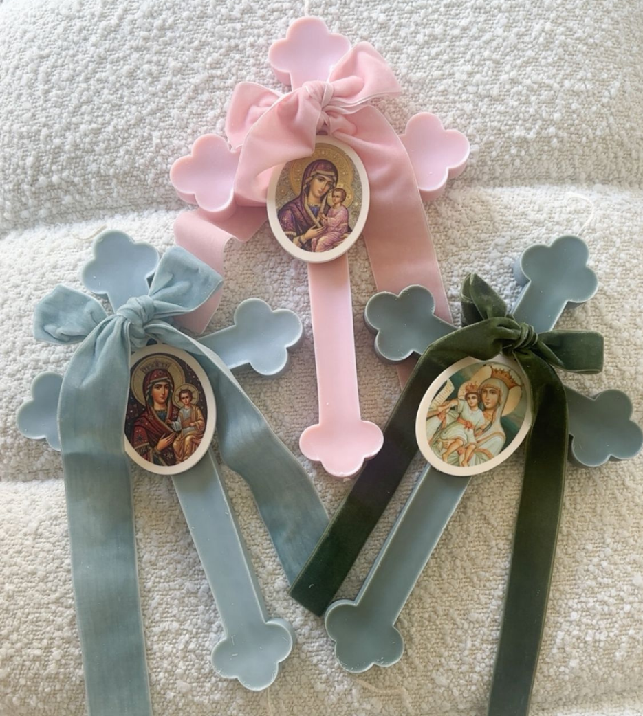 Coloured Orthodox Cross Candles with Velvet Bow