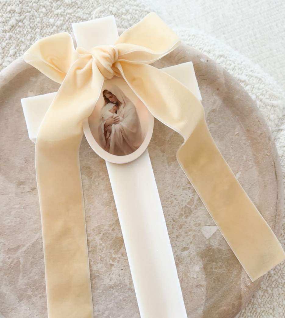 Ivory Velvet Bow Cross Candles