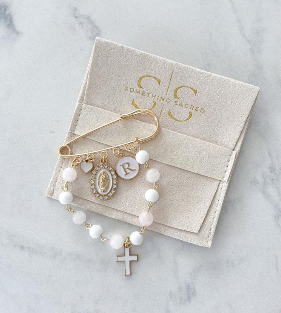 White Immaculate Mary Rosary Pin with Initial