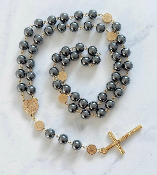 St Benedict Black Hematite Stone Rosary