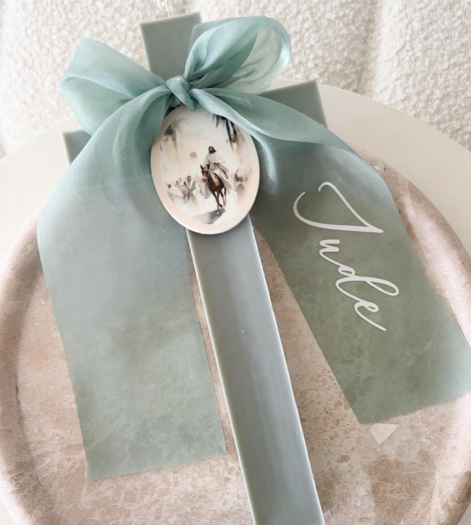 Sage Cross Candle with Chiffon Bow
