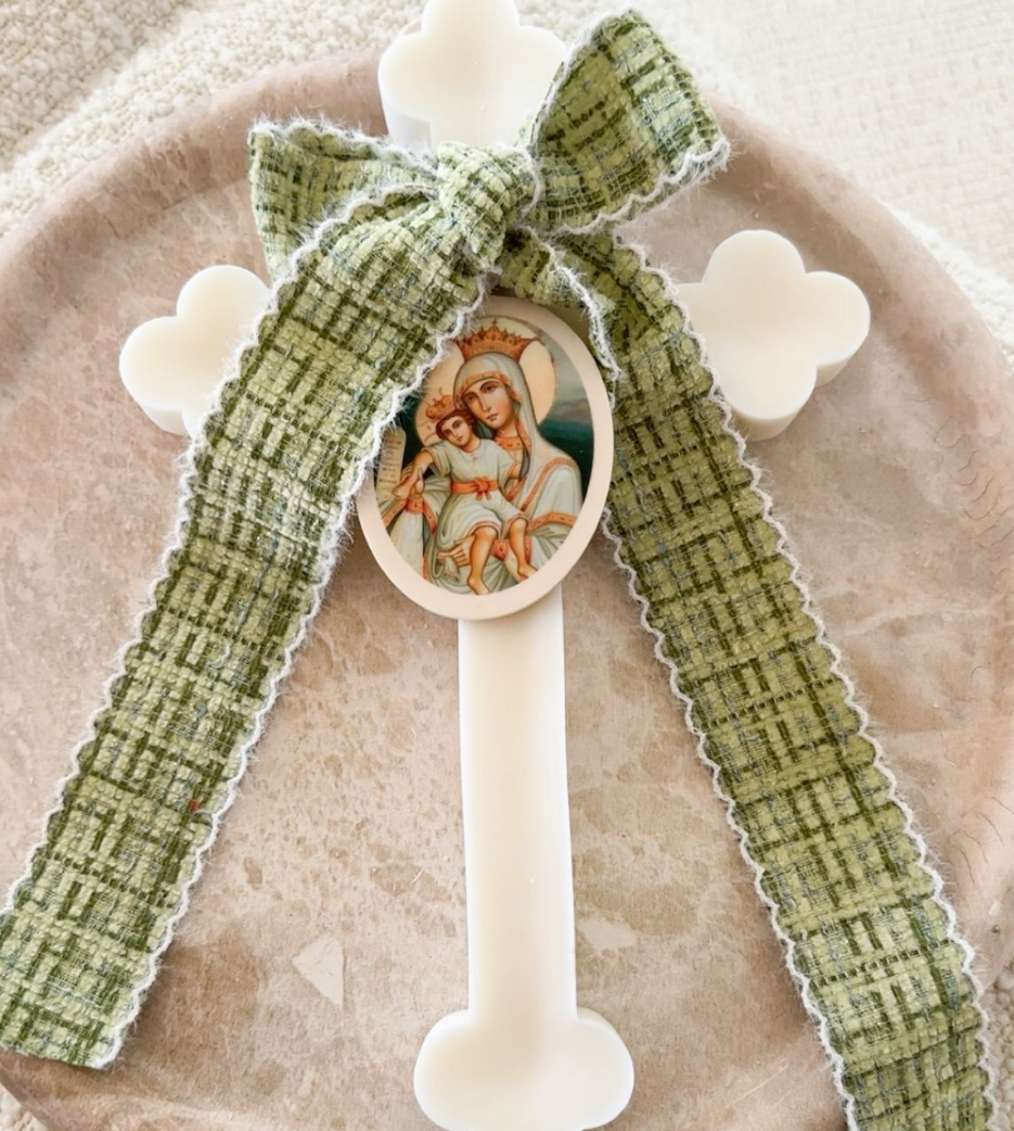 Ivory Orthodox Cross Candle with Tweed Bow