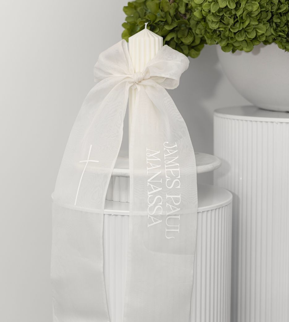 Ribbed Organza Bow Christening Candle
