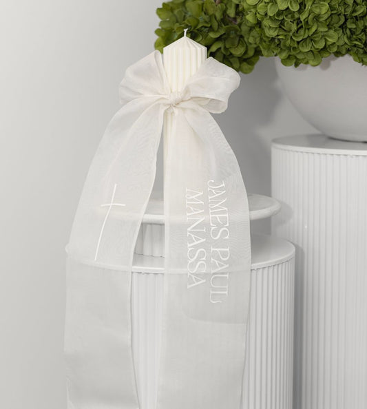 Ribbed Organza Bow Christening Candle
