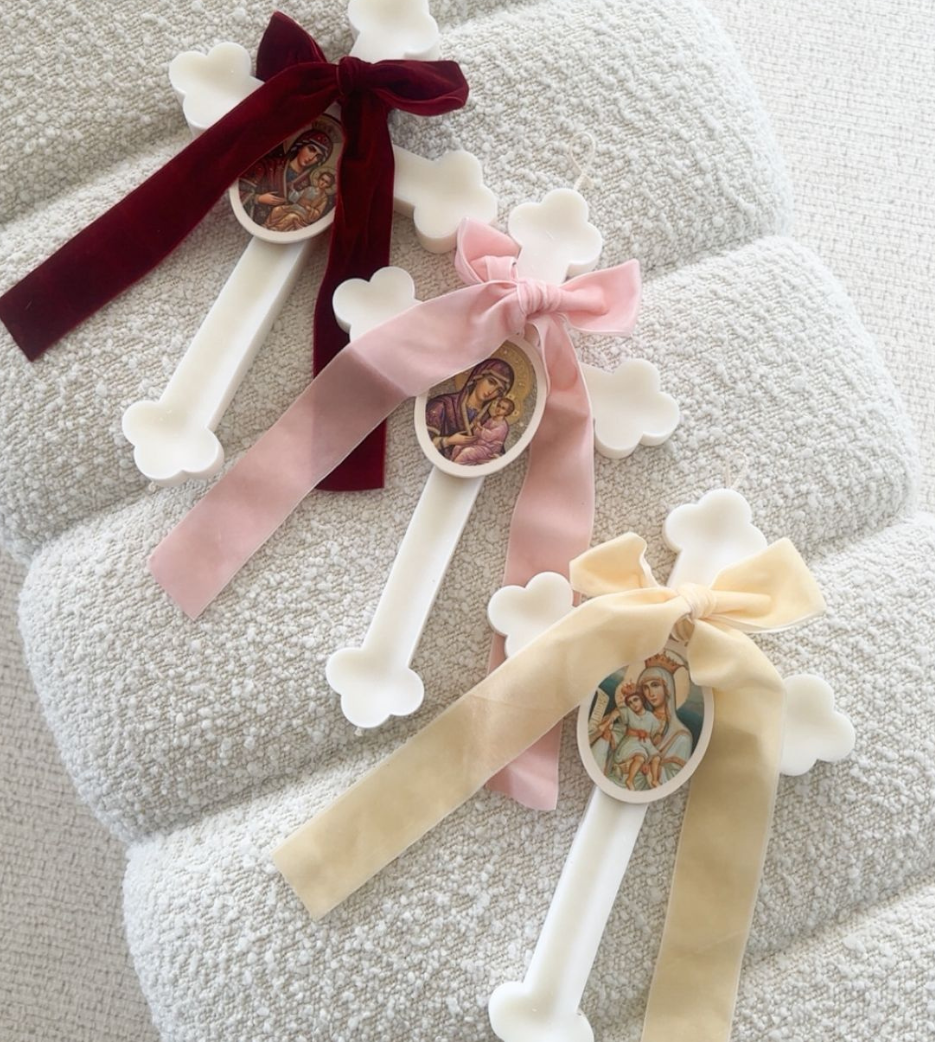 Ivory Orthodox Cross Candles with Velvet Bow