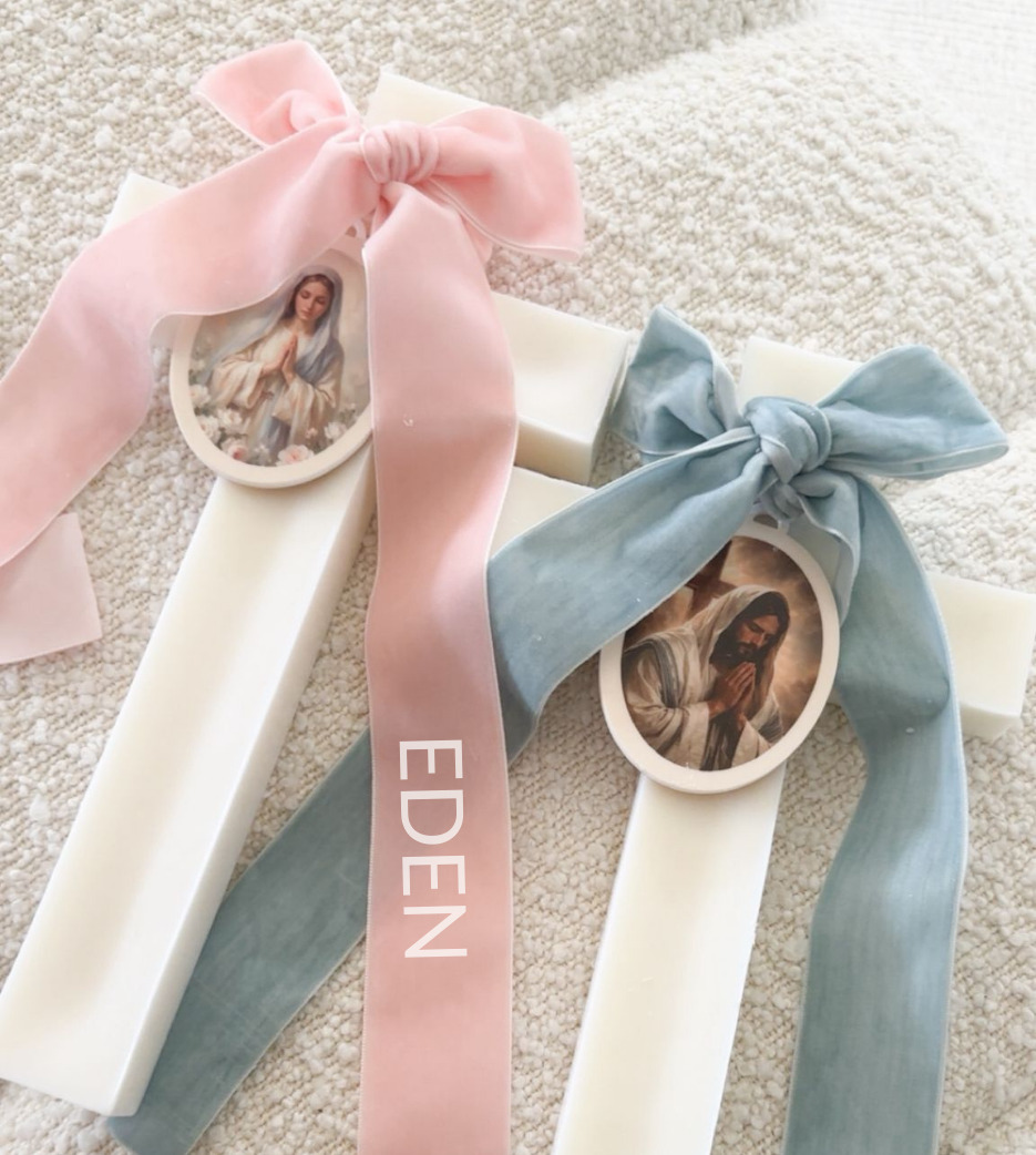 Ivory Velvet Bow Cross Candles