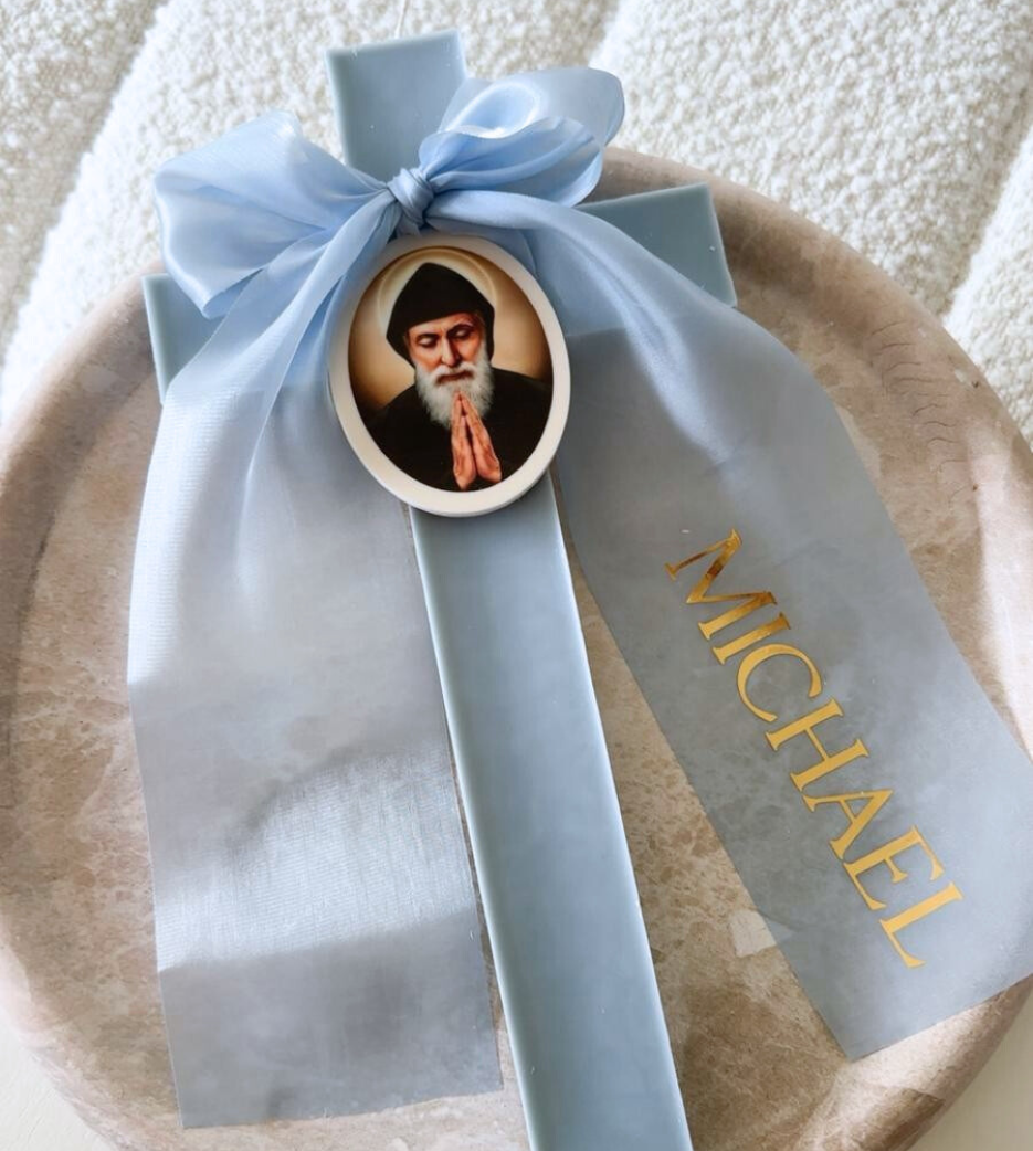 Blue Cross Candle with Chiffon Bow
