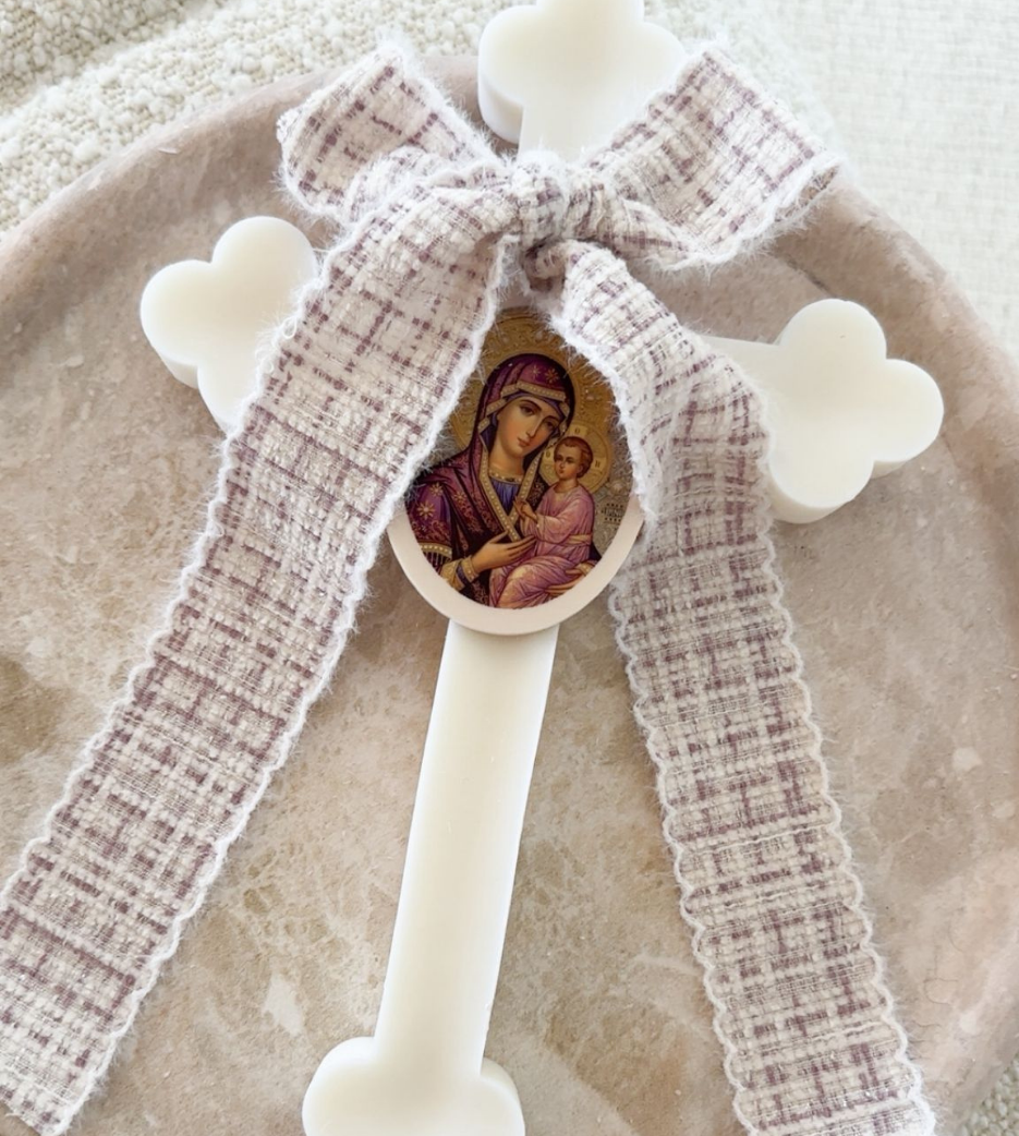 Ivory Orthodox Cross Candle with Tweed Bow