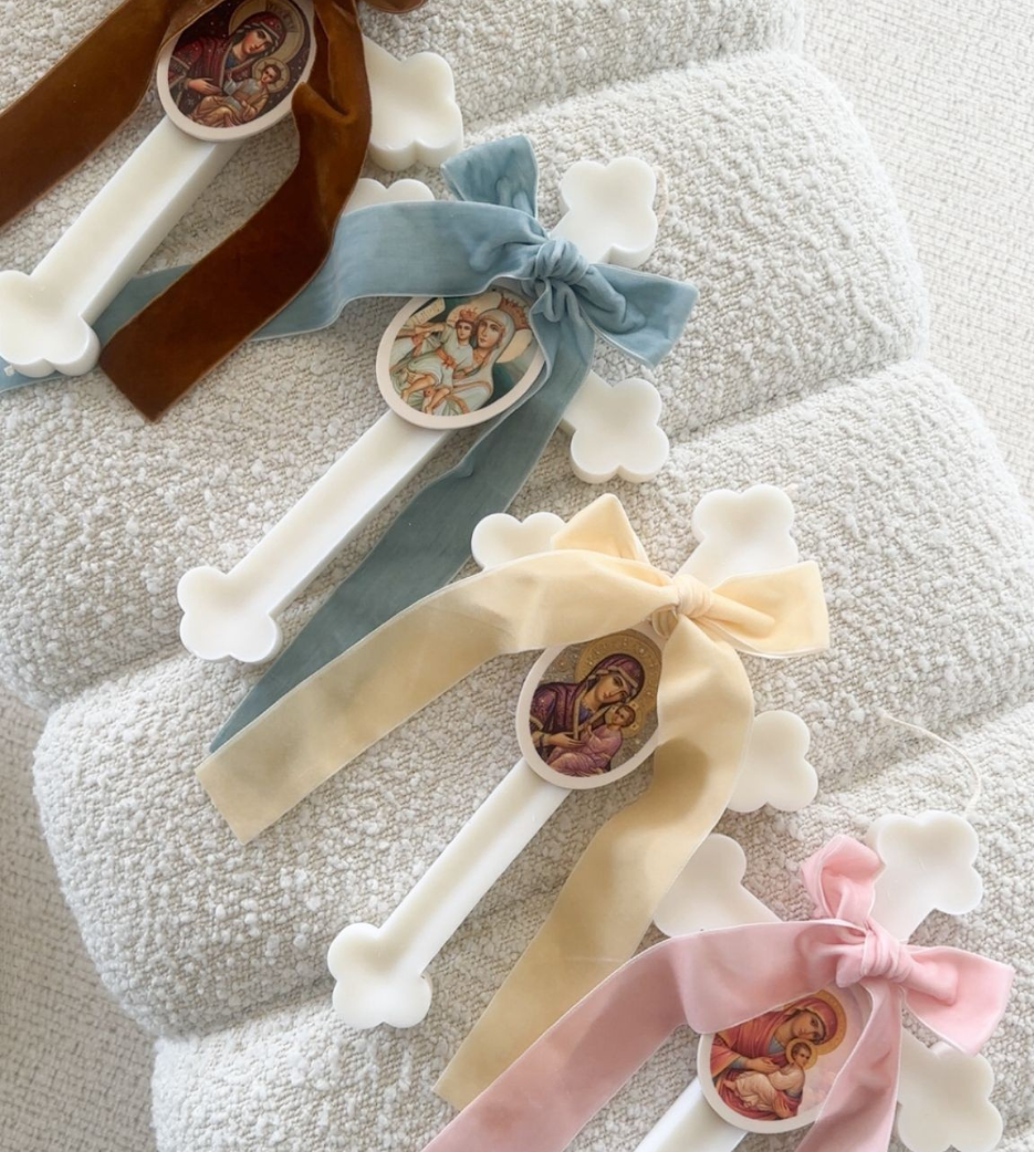 Ivory Orthodox Cross Candles with Velvet Bow