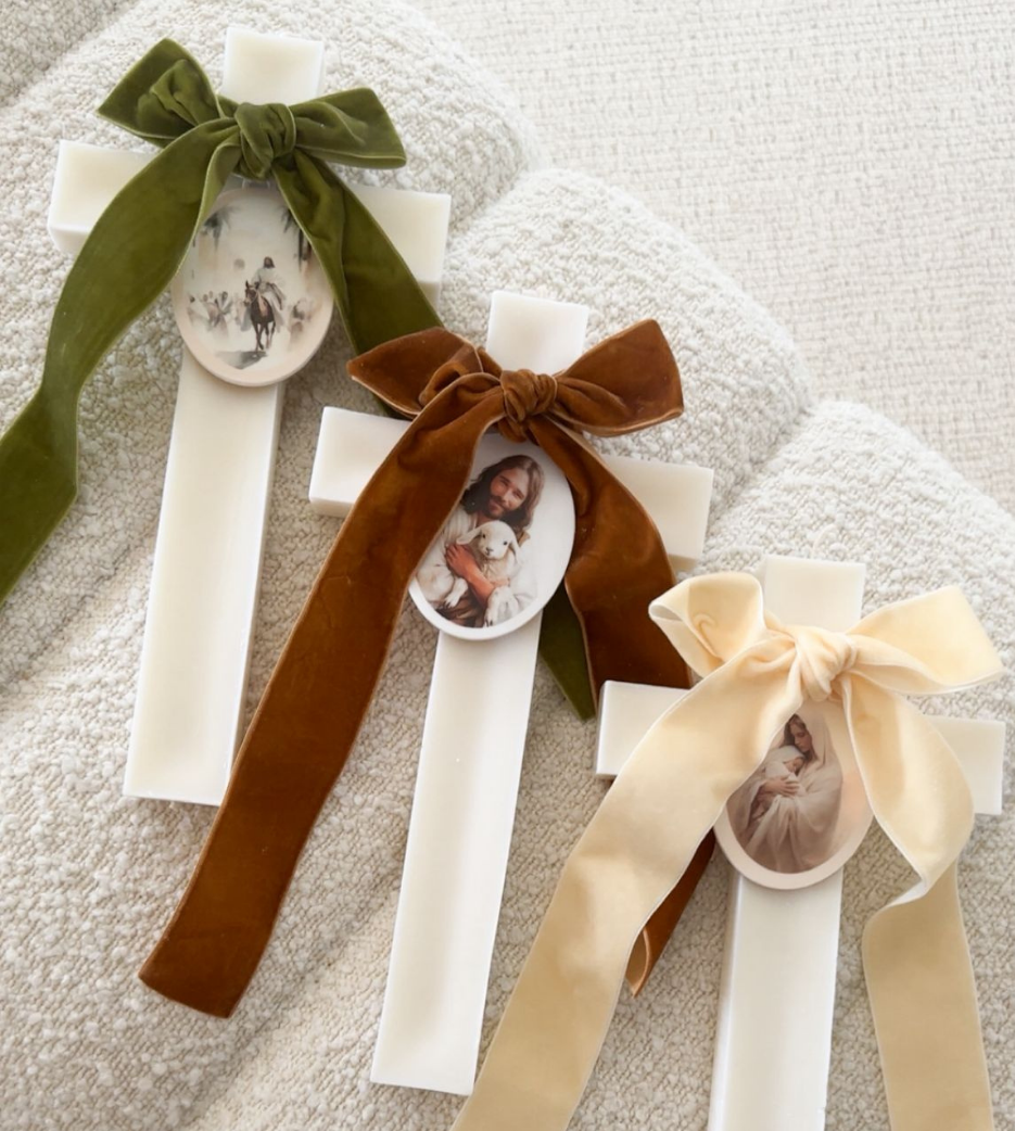 Ivory Velvet Bow Cross Candles