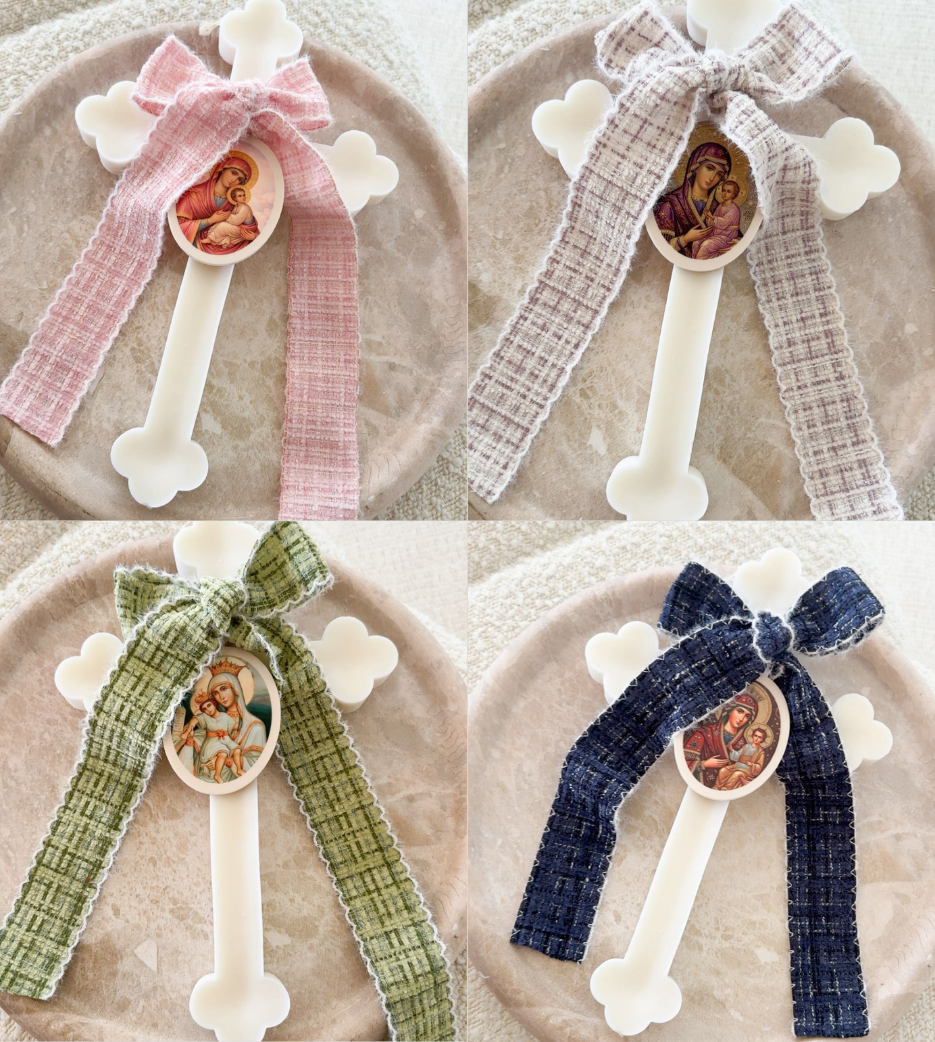 Ivory Orthodox Cross Candle with Tweed Bow