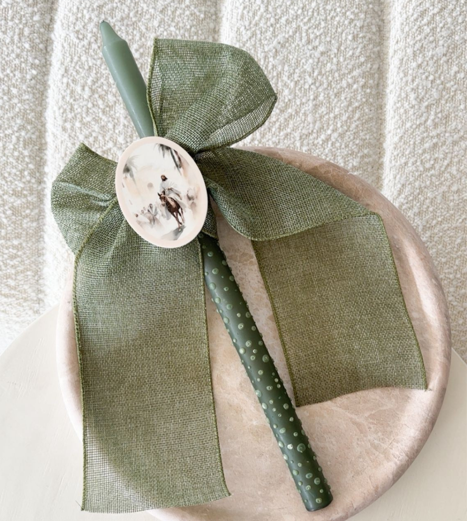 Green Speckled 40cm Candle with mesh bow