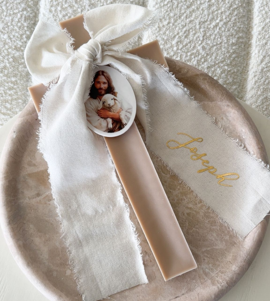 Nude Cross Candle with Linen Bow