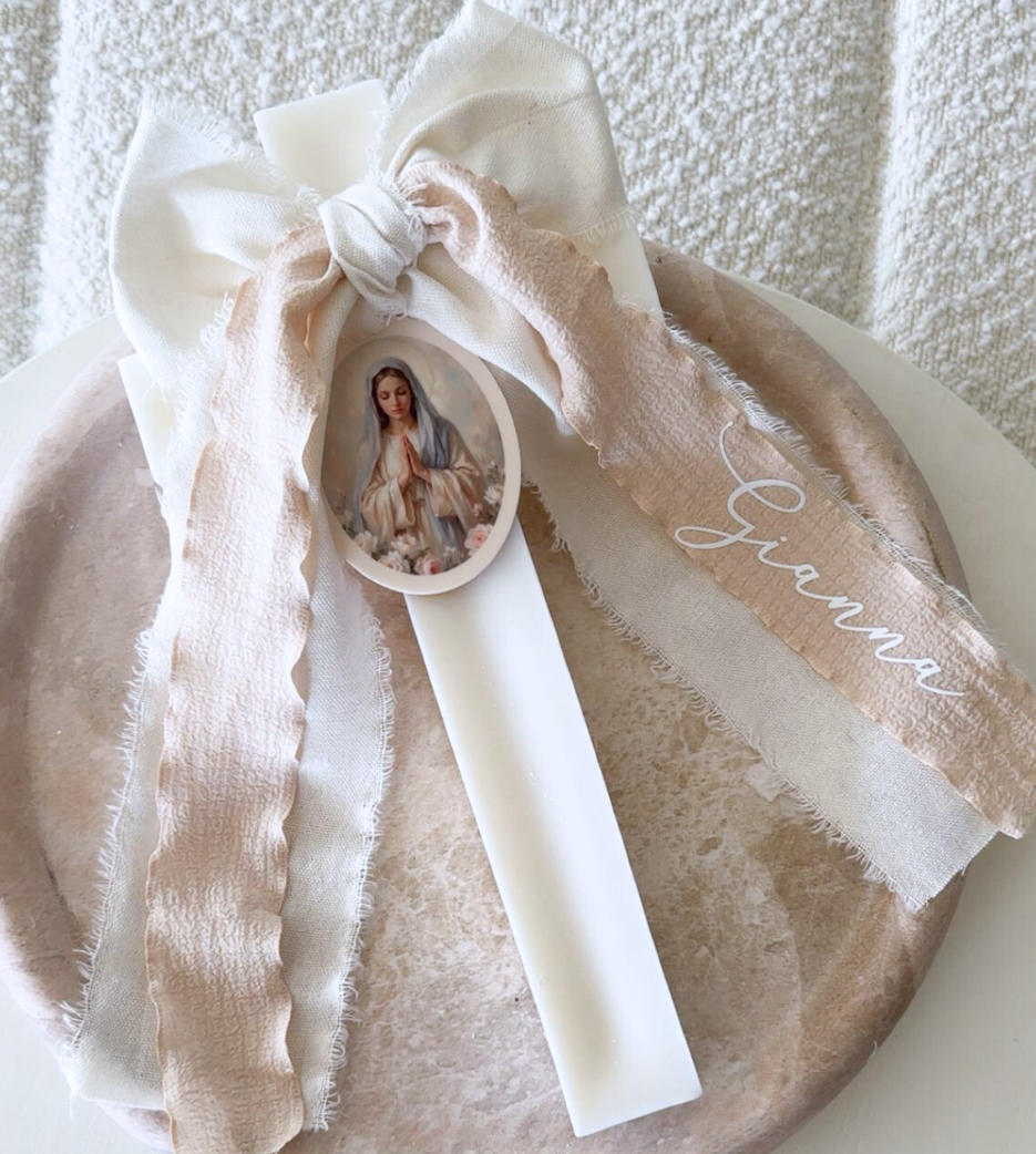Ivory Cross Candle with Two Tone Linen Bow